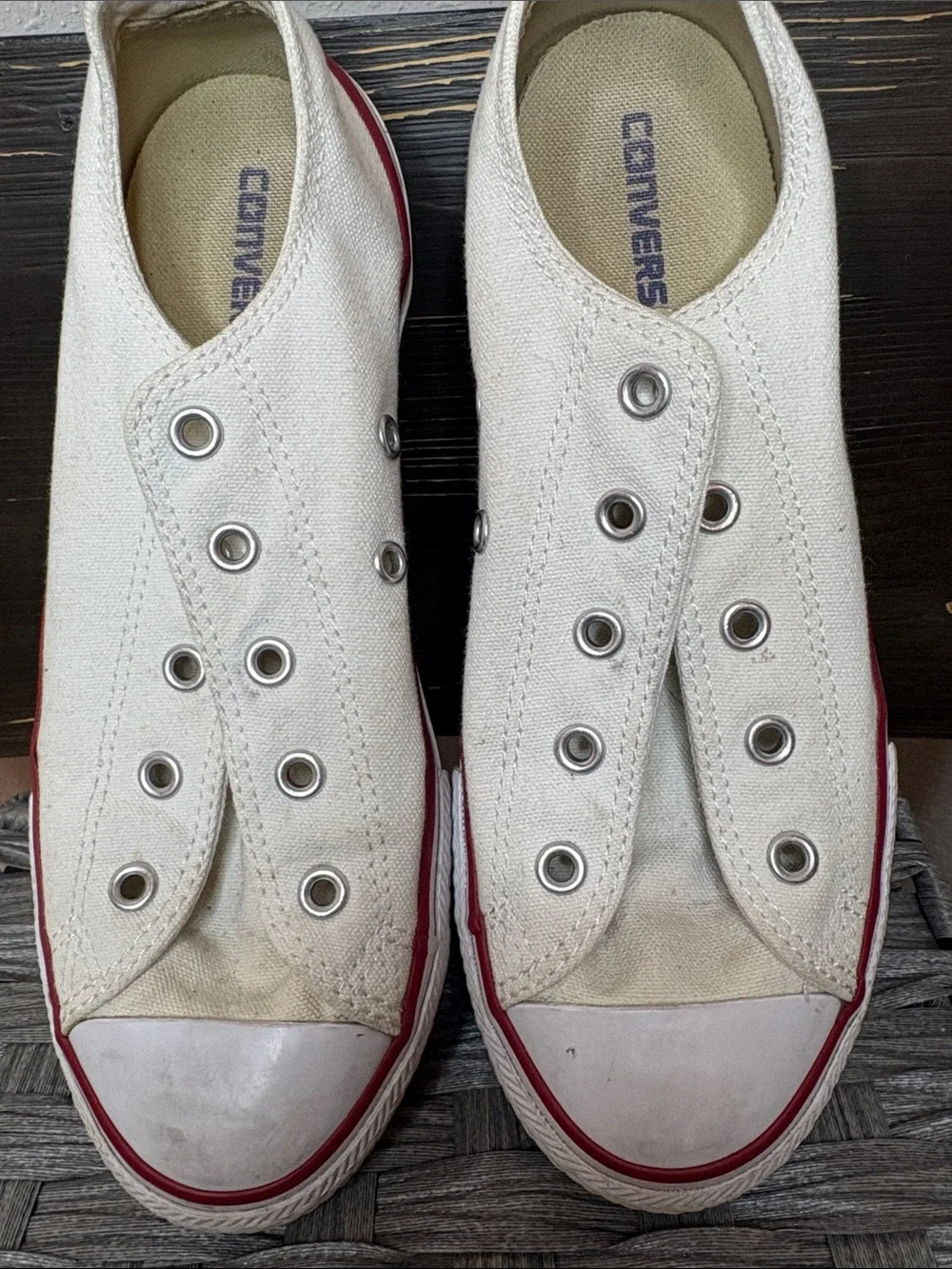 Converse Kids Slip-On Canvas Sneakers in Cream with Red Trim